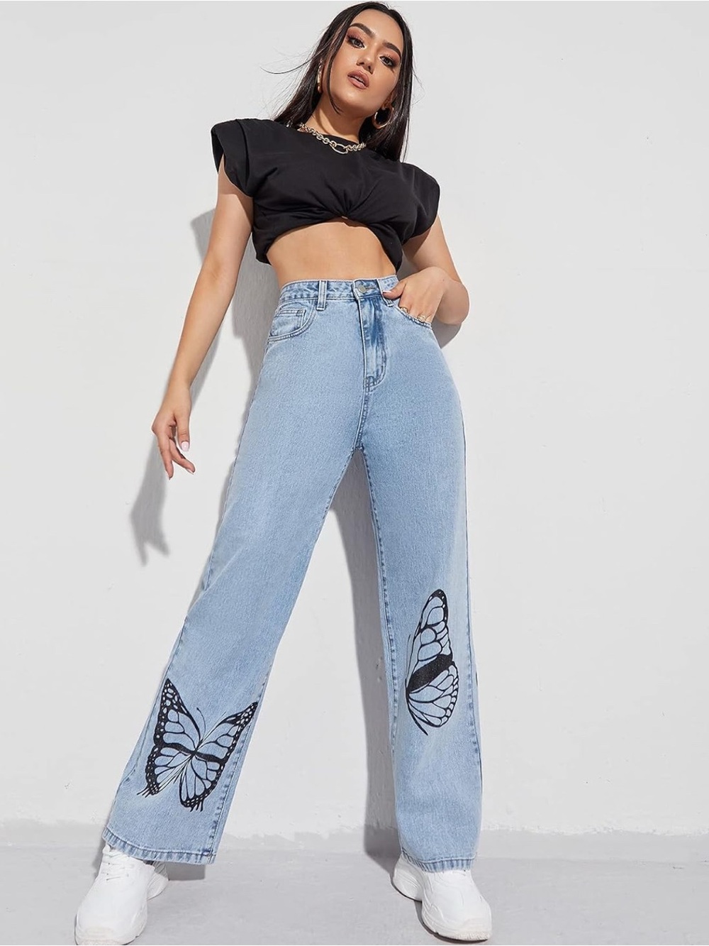 Butterfly Print Light Wash Wide Leg Jeans - Unbranded
